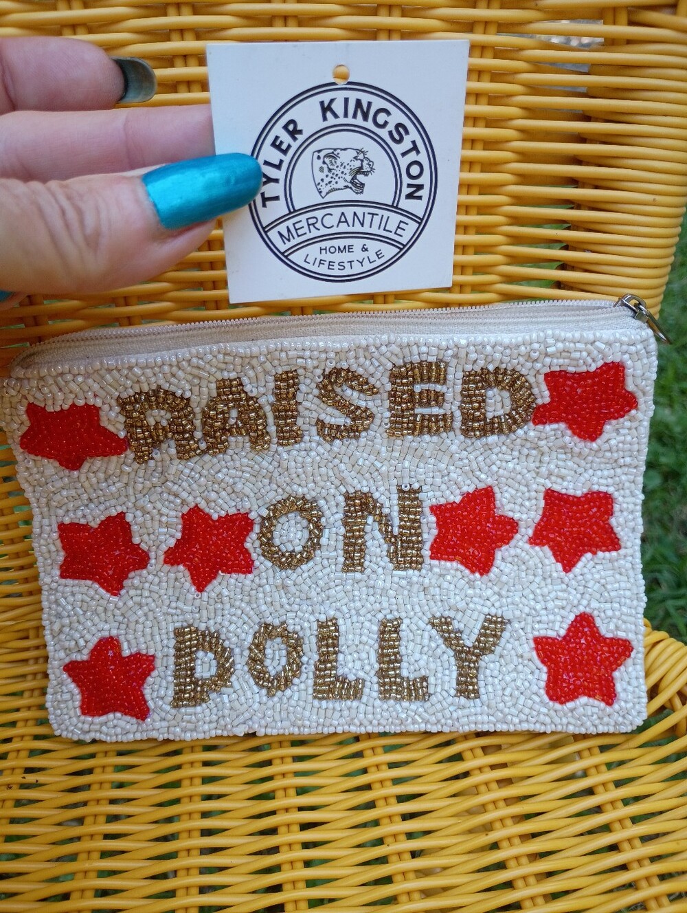 RAISED ON FOLLY (PARTON) BEADED STARS ZIP TOP 7X5 CLUTCH KINGSTON MERCANTILE NWT